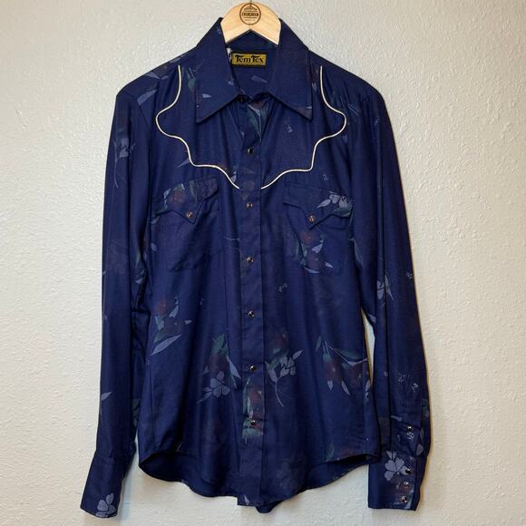 VTG Tem Tex Western Shirt Floral Pearl Snap White Piping Blue 70s Women’s Medium - Picture 9 of 10